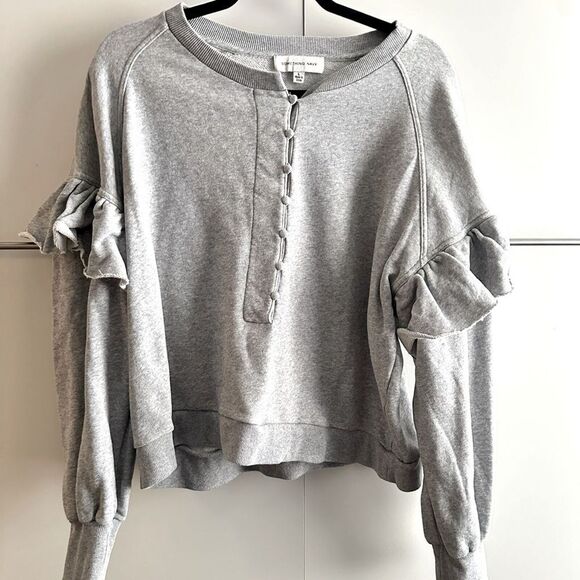 Something Navy Size Large Gray Ruffle Round Neck Sweater Cozy Staple Chic Flirty - Picture 2 of 10